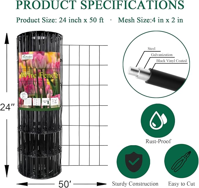 Black PVC Coated Welded Wire Fence 24 Inch x 50 Foot, 2 Inch x 4 Inch 15GA, Garden Border Fencing Roll Vinyl Coating Metal Wire Mesh Hardware Cloth for Yard Vegetable Plant Protection-VerdiqueGarden
