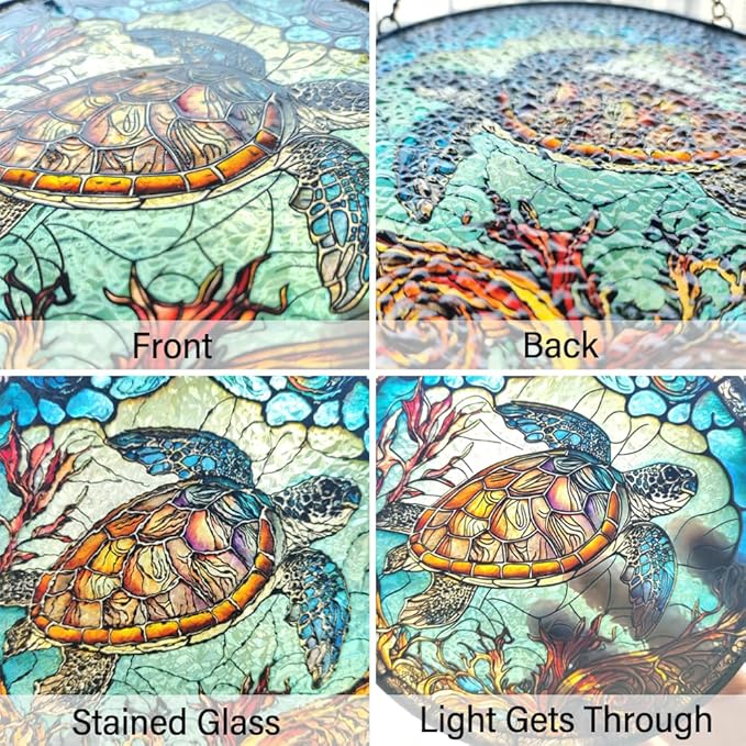 Sea Turtle Decor Suncatcher Stained Glass Window Hanging - Handmade Stained Glass Suncatchers Hangings with Hooks - Sea Art Glass Outdoor Garden Decor Gift for Women Him Valentines Day Birthday Gifts-VerdiqueGarden