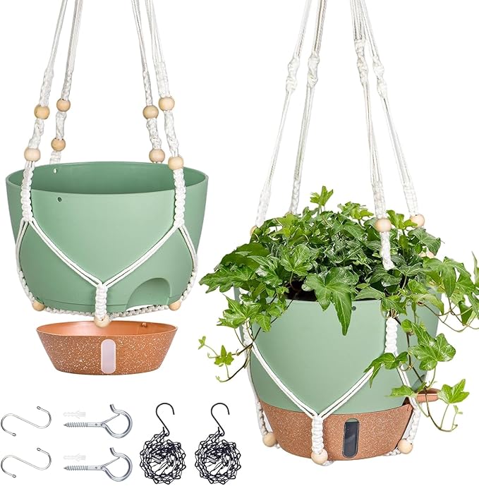 10 Inch Hanging Planters for Indoor Plants, 2 Pack Self Watering Hanging Baskets Flower Pots with Drainage Hole, Visual Reservoir & 2 Kinds of Plant Hanger for Outdoor Garden Home Decor-VerdiqueGarden