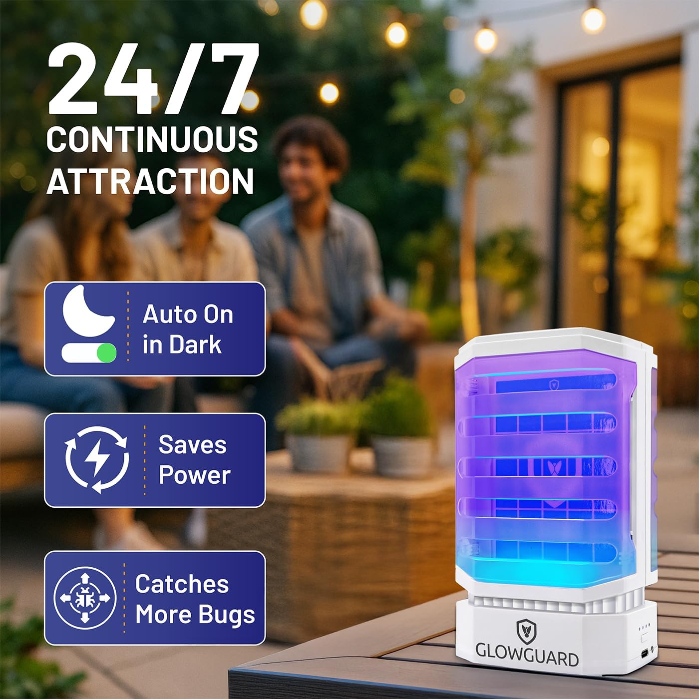 GlowGuard Cordless Flying Insect Trap Catches Fruit Flies, Indoor Gnat Killer, Magnet for Moths & Mosquitos in Dark, 1 Rechargeable Bug Trap + 4 Dual-Sided Sticky Pad Refills, 30hr Battery (White)-VerdiqueGarden
