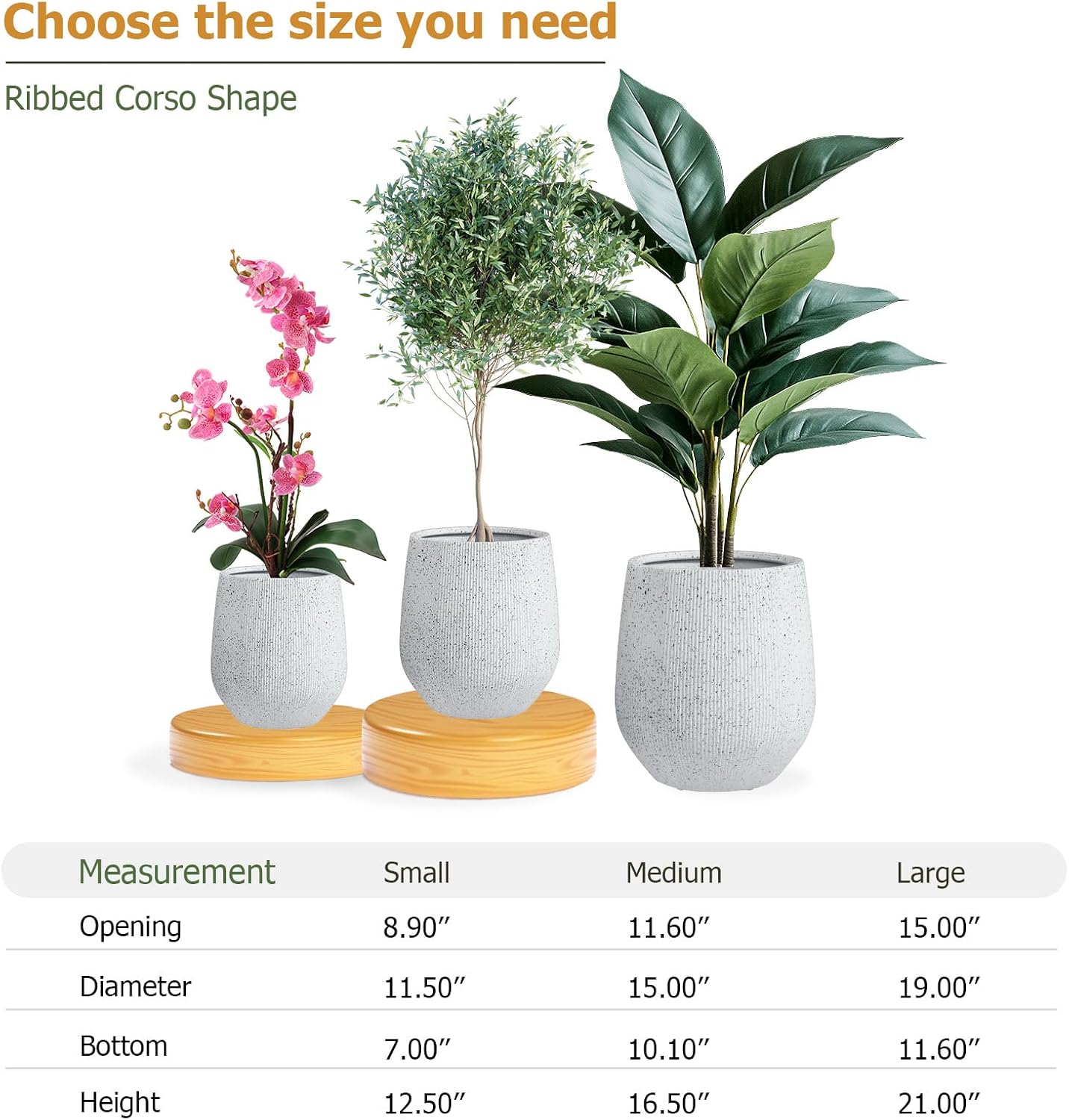 12.5" H x 11.5" D Ribbed Corso Fiberstone Round Planter with Drainage Hole, Weather Resistant, Indoor and Outdoor Use, Included 2 Extra Coco Mats (Ribbed Speckled White, 9" Pot Opening)-VerdiqueGarden