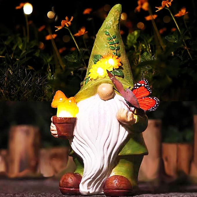 Garden Gnomes Outdoor Garden Decor-Resin Gnome with Solar Outdoor Lights Decorative Mushroom and Vivid Butterfly Spring Gnomes Decorations for Yard Decor,Gardening Gifts for Women-VerdiqueGarden