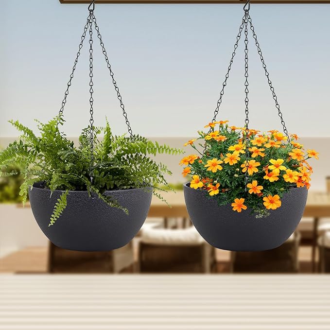 12 inch Large Hanging Planters for Indoor Outdoor Plants, 2 Pack Hanging Flower Pots with Drainage Holes and Chain for Garden Porch Plants, Plastic Hanging Baskets for House Plants, Black-VerdiqueGarden