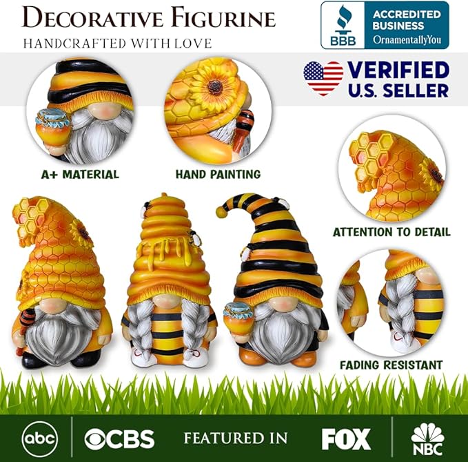 Spring & Summer-Themed Garden Statues – Adorable Outdoor Decor for Lawn, Patio & Porch (Buzzy Trio Set of Three Bumble Bee Gnome Figurines, 6" Tiered Tray Home or Garden Decoration)-VerdiqueGarden