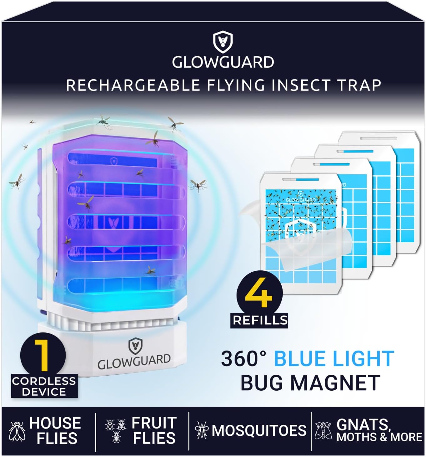 GlowGuard Cordless Flying Insect Trap Catches Fruit Flies, Indoor Gnat Killer, Magnet for Moths & Mosquitos in Dark, 1 Rechargeable Bug Trap + 4 Dual-Sided Sticky Pad Refills, 30hr Battery (White)-VerdiqueGarden