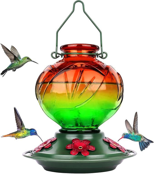 BOLITE Hummingbird Feeder, Glass Hummingbird Feeders for Outdoors Hanging, 22 Ounce, Five Feeding Ports with Perch, Peony Flower Shape, Orange and Green, Gifts for Women Men, Gifts for Mom Dad-VerdiqueGarden