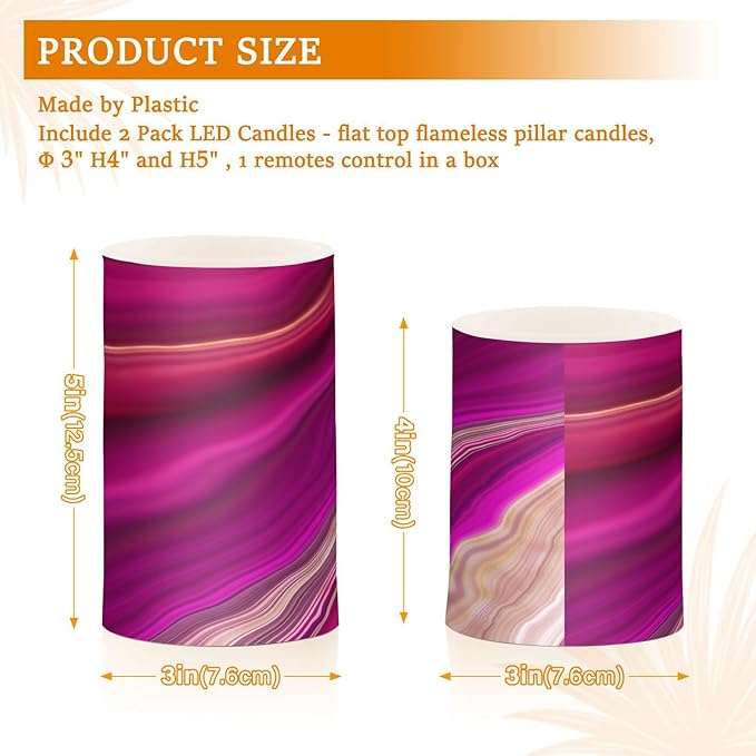 Flickering Flameless Candles, Fuchsia Gold Fluid Marble LED Candles with Remote Timer, Set of 2 Battery Operated Candle for Valentine Wedding Birthday-VerdiqueGarden