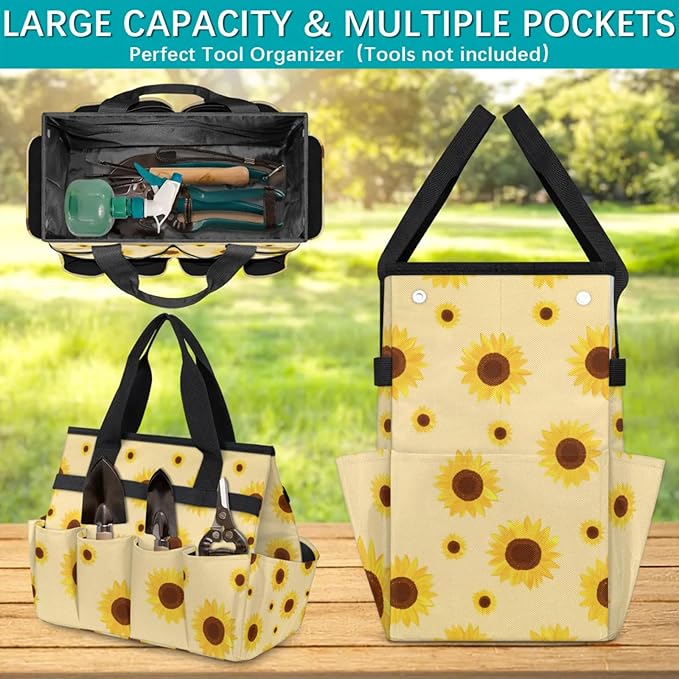Sunflower Gardening Tool Bag,Heavy Duty Garden Tote Bag,Portable Oxford Gardening Storage Basket Organizer Handbag with Pockets Handle,Hand Tools Gifts for Outdoor Garden Lawn Yard-VerdiqueGarden