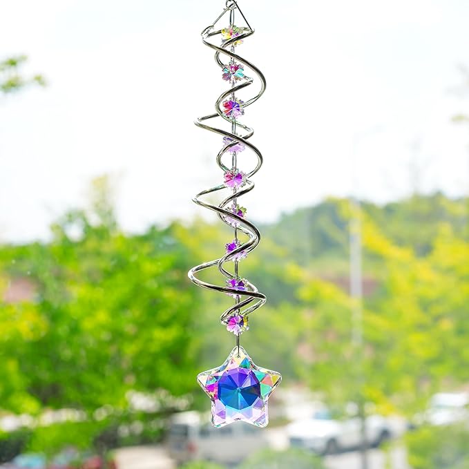 H&D HYALINE & DORA 21inch Crystal Suncatcher for Window Hanging Double-Spiral Design Gazing Ball Spiral Tail Wind Spinners Sun Catchers Rainbow Maker Indoor Outdoor Christmas Decoration-VerdiqueGarden