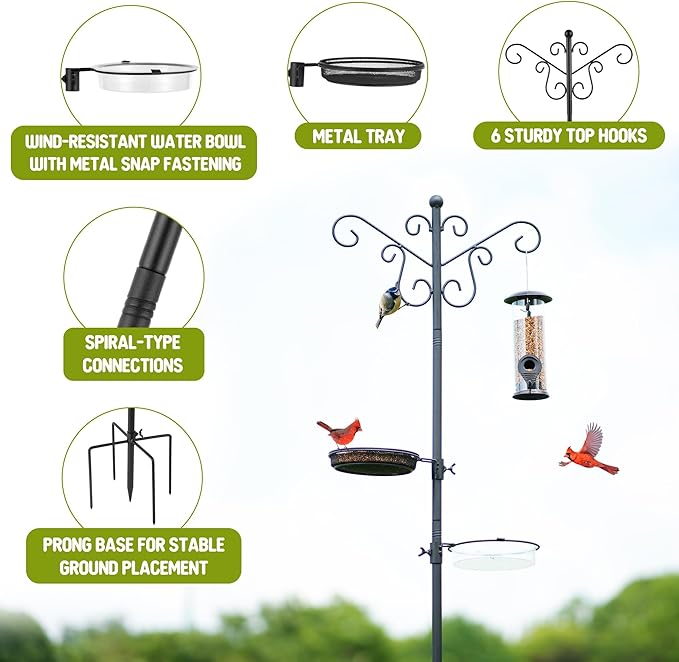 MIXXIDEA Bird Feeding Station Bird Feeder Pole with 5-Prong Base Hanging Hooks Water Bath Mesh Tray Wind-Resistant Water Bowl with Metal Snap Fastening for Outdoors to Attract Wild Birds-VerdiqueGarden
