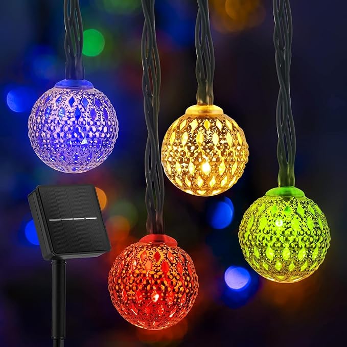 Solar Moroccan String Lights Outdoor 60 LED 36 Ft Globe Fairy Lights with 8 Lighting Modes, Waterproof Solar Powered String Lights for Garden Yard Gazebos Camping Party (Multicolor)-VerdiqueGarden