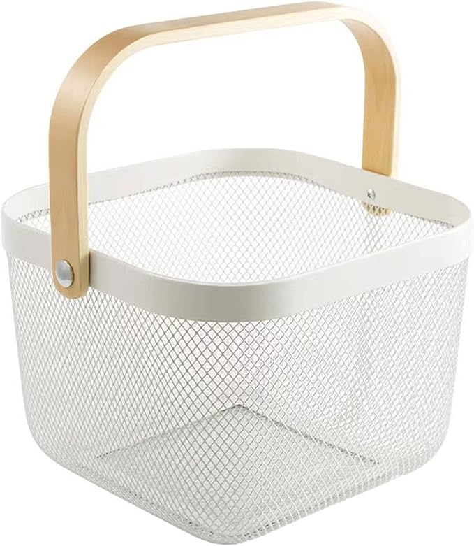 Metal Mesh Steel Basket, Storage Organizer Basket Multi-functional Hanging Kitchen Baskets Fruit Basket Bin with Bamboo Handle for Kitchen Bathroom Picnic Shopping Decor Cabinet Home, White-VerdiqueGarden