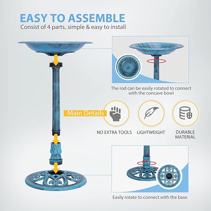 VIVOHOME 28 Inch Height Polyresin Lightweight Antique Outdoor Garden Bird Bath Blue-VerdiqueGarden