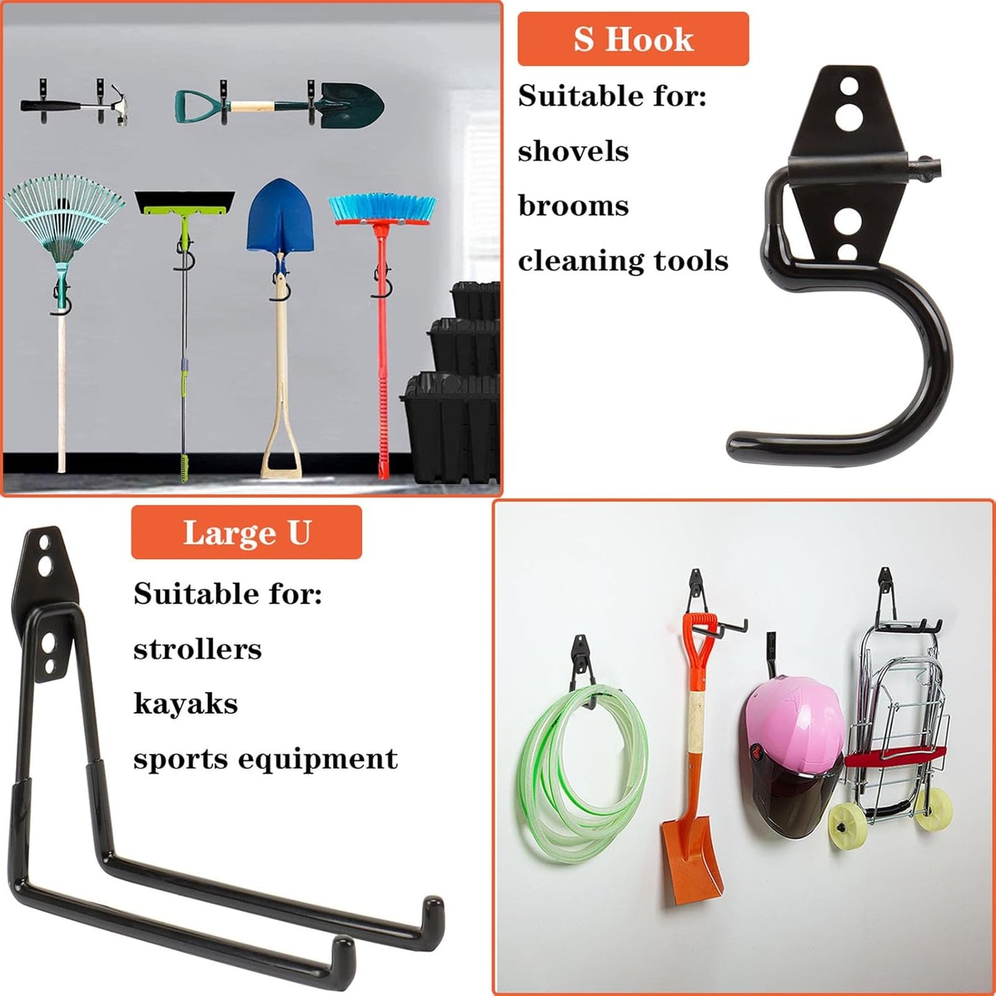 TocTen Garage Hooks, 14 Pack Garage Storage Hook Heavy Duty Solid Steel Wall Hooks, Wall Mount Storage Hook Kit with Anti-Slip Coating Ladder Hooks for Hanging Garden Tools Chair Hose Ropes (Black)-VerdiqueGarden