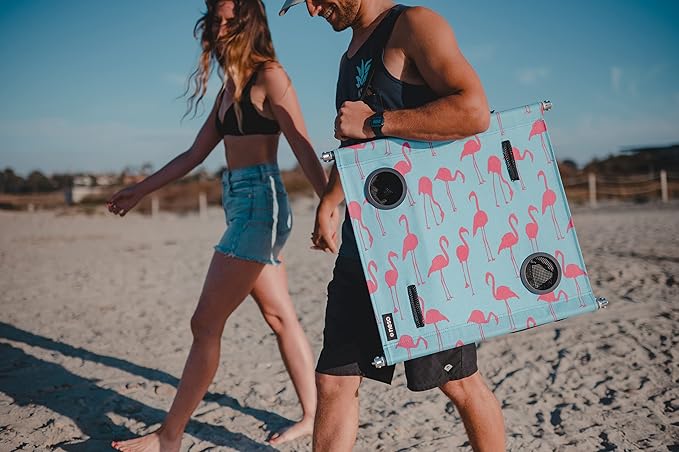 Neso Portable Beach Table with Cup Holders, Cell Phone Pockets, Lightweight for Picnics and Parks (Flamingos)-VerdiqueGarden