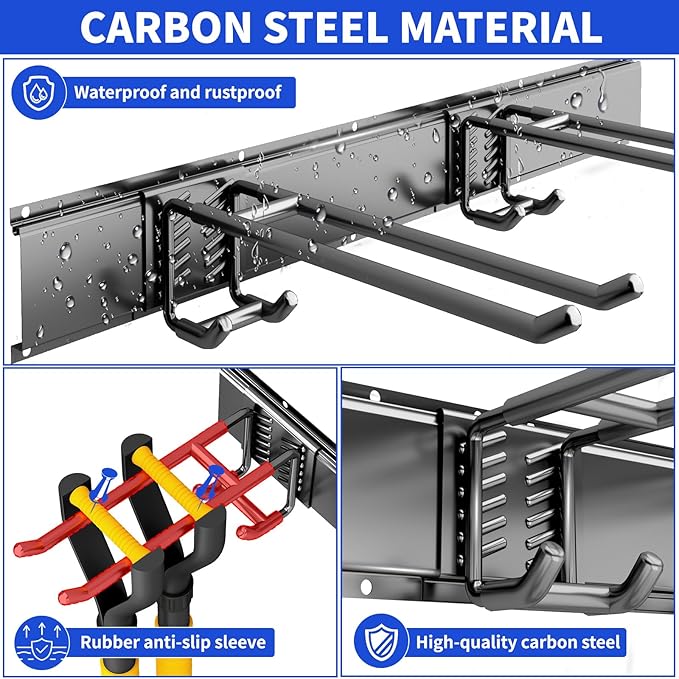 Garage Organization Tool Organizer Wall Mount, 48inch Heavy Duty Garden Tool organizer Storage System, Easy Install With 6 Adjustable Bilayer Hooks, For Garage, Basement, Shed, Workshop(Black)-VerdiqueGarden