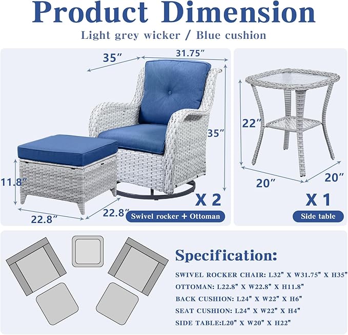 Outdoor Swivel Rocker Furniture 5 Pieces Patio Wicker Furniture Sets, Rattan Patio Swivel Glider Chairs with 2 Ottoman and Glass Side Table-VerdiqueGarden