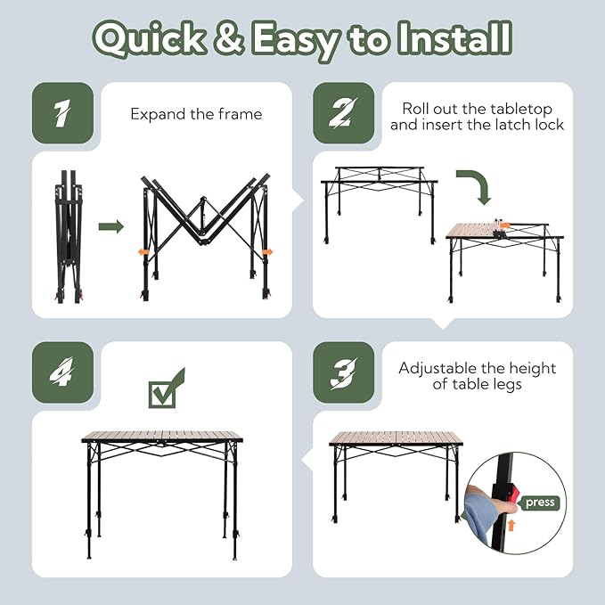 Portable Outdoor Adjustable Height Camping Table, Large for 2-6 Person, Foldable Roll-up Aluminum Camp Table with Carry Bag for Picnic, Camp, Sturdy, Stable, Loads 220 Lbs-VerdiqueGarden