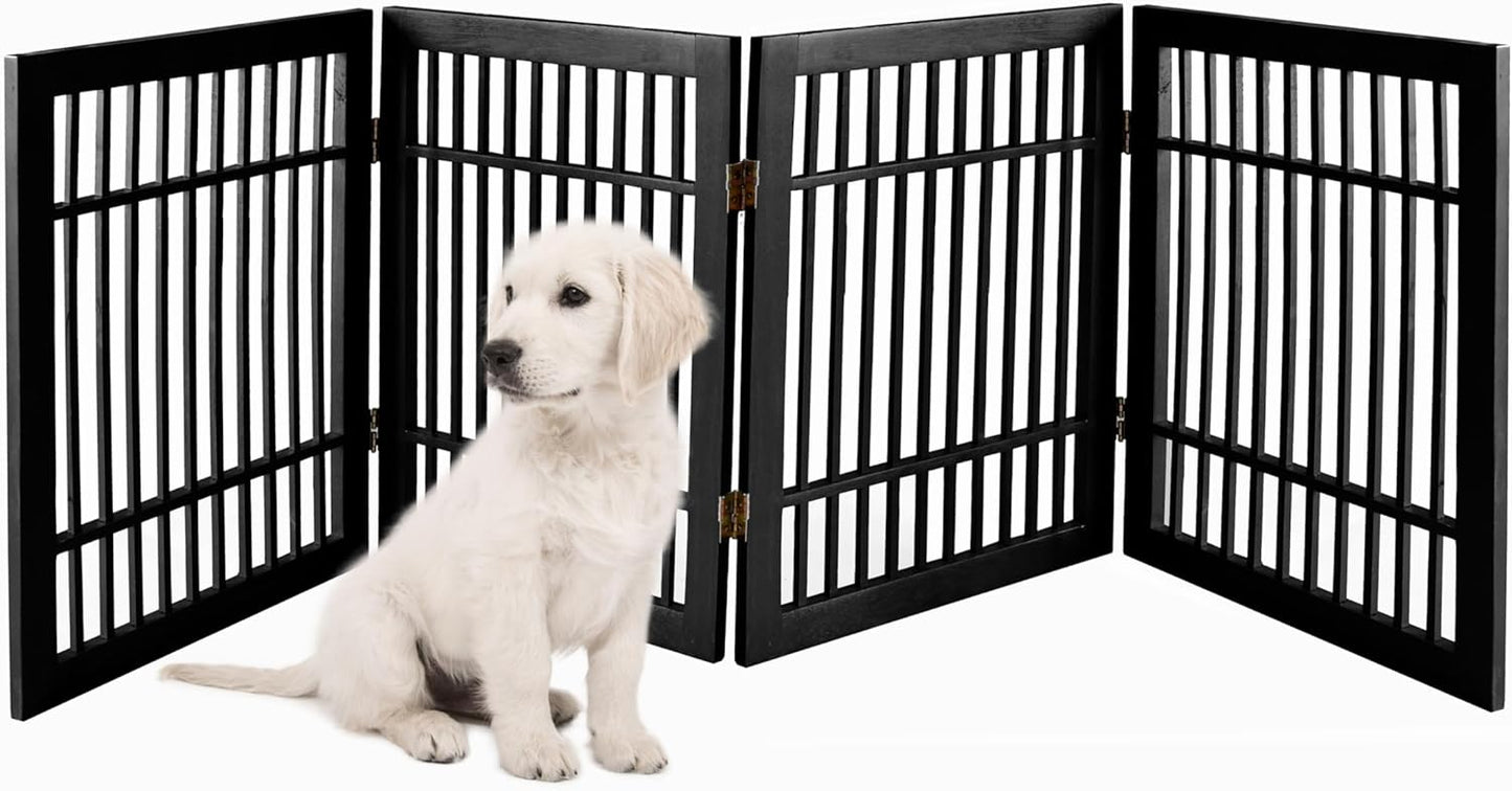 Pet Dog Gate Strong and Durable Freestanding Folding Acacia Hardwood Portable Wooden Fence Indoors or Outdoors by Urnporium (Black Pet Gate, 4 Panel 24" Tall)-VerdiqueGarden