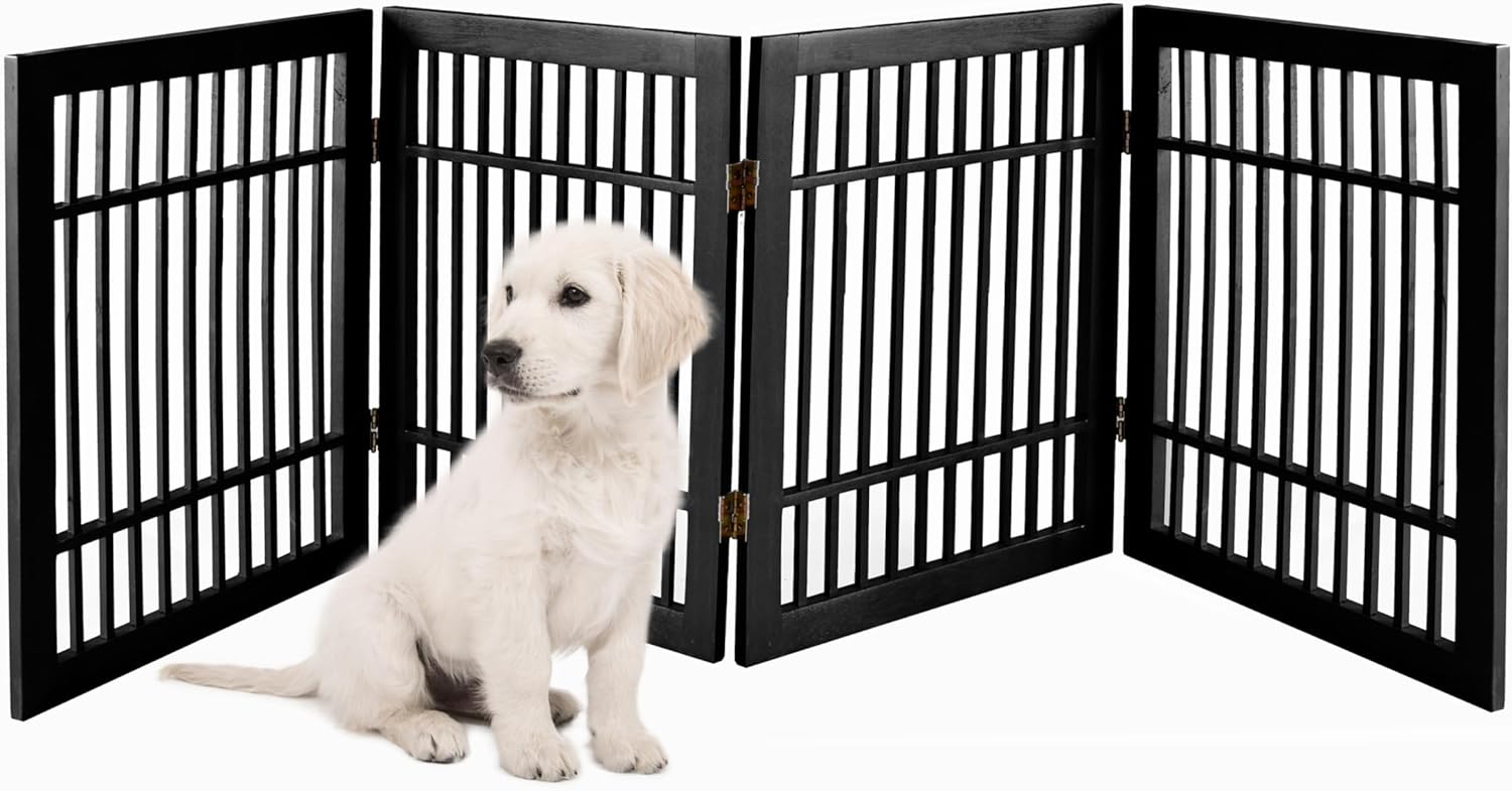 Pet Dog Gate Strong and Durable Freestanding Folding Acacia Hardwood Portable Wooden Fence Indoors or Outdoors by Urnporium (Black Pet Gate, 4 Panel 24" Tall)-VerdiqueGarden