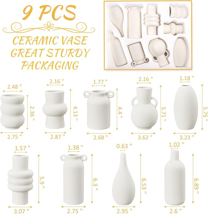 Ceramic Vase for Decor, White Boho Ceramic Vase in Bulk Small Boho Vases Set for Home Modern Minimalist Farmhouse Decoration White Bud Vases for Shelf Decor, Table, Bookshelf (Set of 9)-VerdiqueGarden