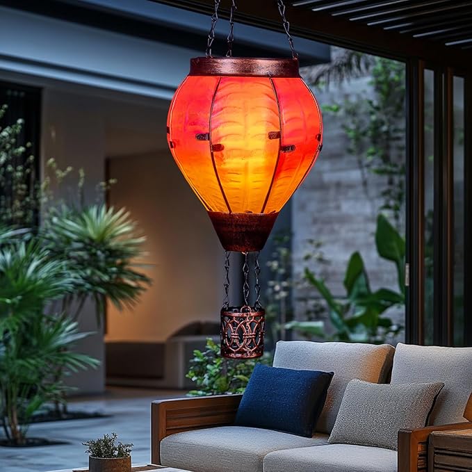 Hot Air Balloon Solar Lantern with Flickering Flame Light Outdoor Solar Hanging Lights Waterproof for Garden Yard Farmhouse Patio Pathway Outside Decoration, Pink&Orange-VerdiqueGarden