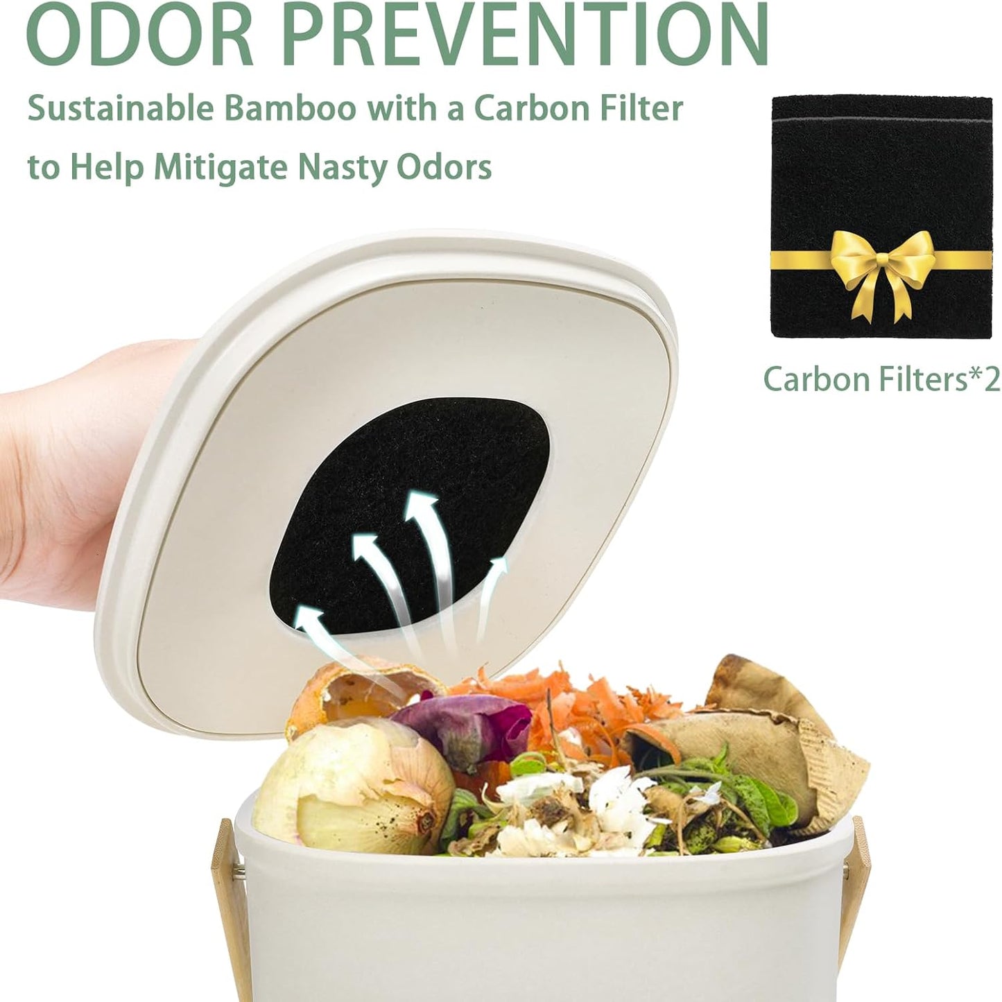 Vipush Bamboo Fiber Compost Bin with Lid Small Countertop Compost Bin Includes Charcoal Filter, Beige-VerdiqueGarden