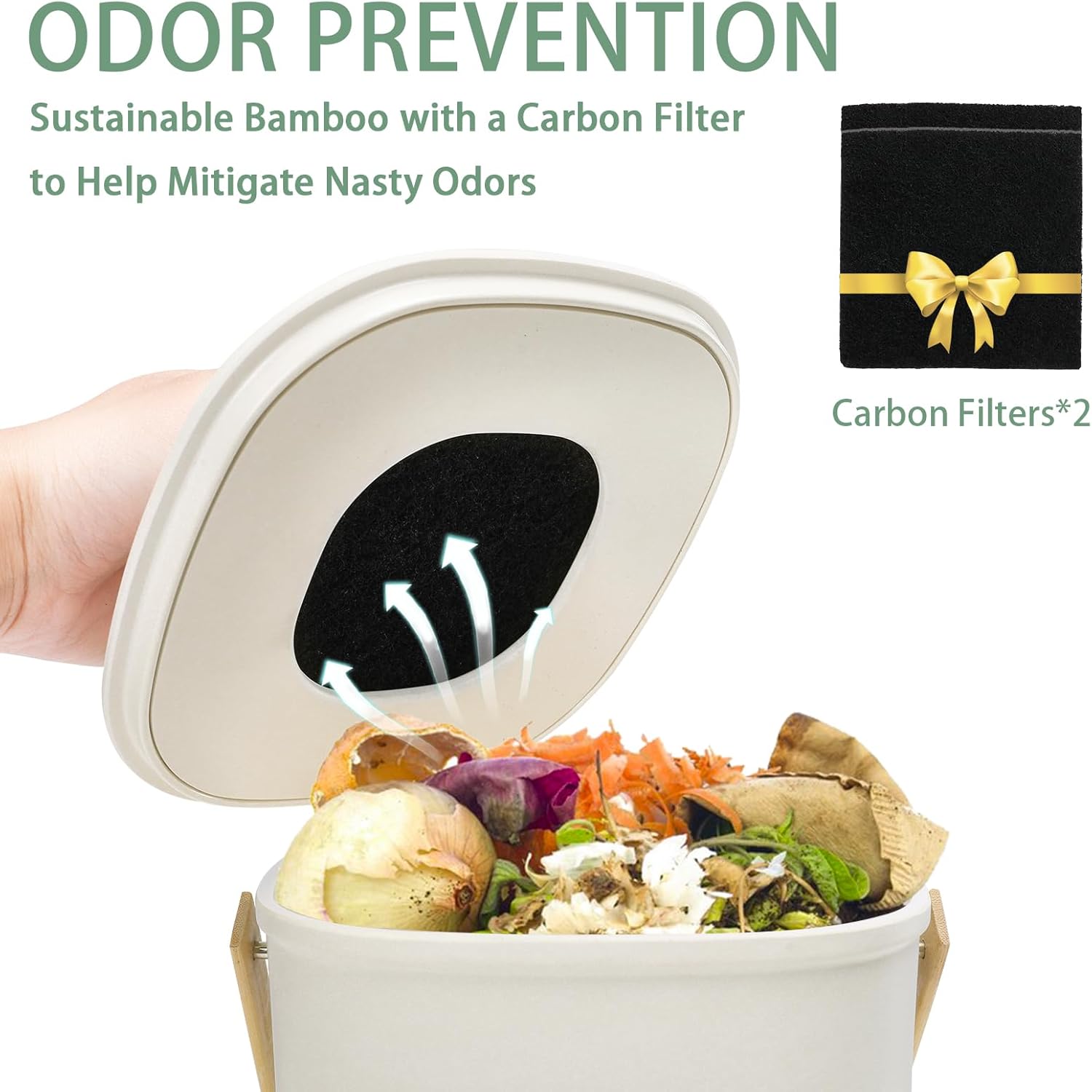 Vipush Bamboo Fiber Compost Bin with Lid Small Countertop Compost Bin Includes Charcoal Filter, Beige-VerdiqueGarden