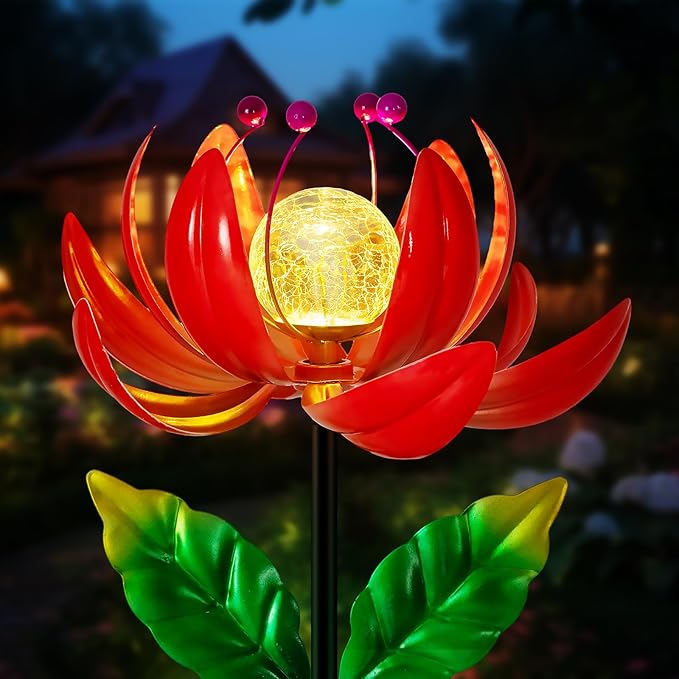 Solar Lights Outdoor Garden Decor, Solar Wind Spinner Yard Decorations for Outside, Lotus Windmill Pathway Lights with LED Cracked Crystal Ball Waterproof Flower Sculpture for Patio Lawn Garden Gifts-VerdiqueGarden