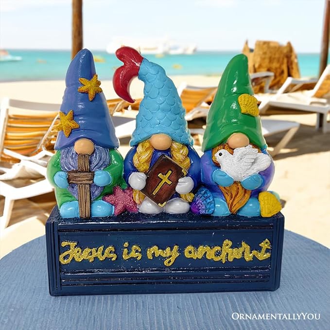 Spring & Summer-Themed Garden Statues – Adorable Outdoor Decor for Lawn, Patio & Porch (Nautical Themed Religious Gnome Figurine, Jesus is My Anchor 6" Beach House Statue)-VerdiqueGarden