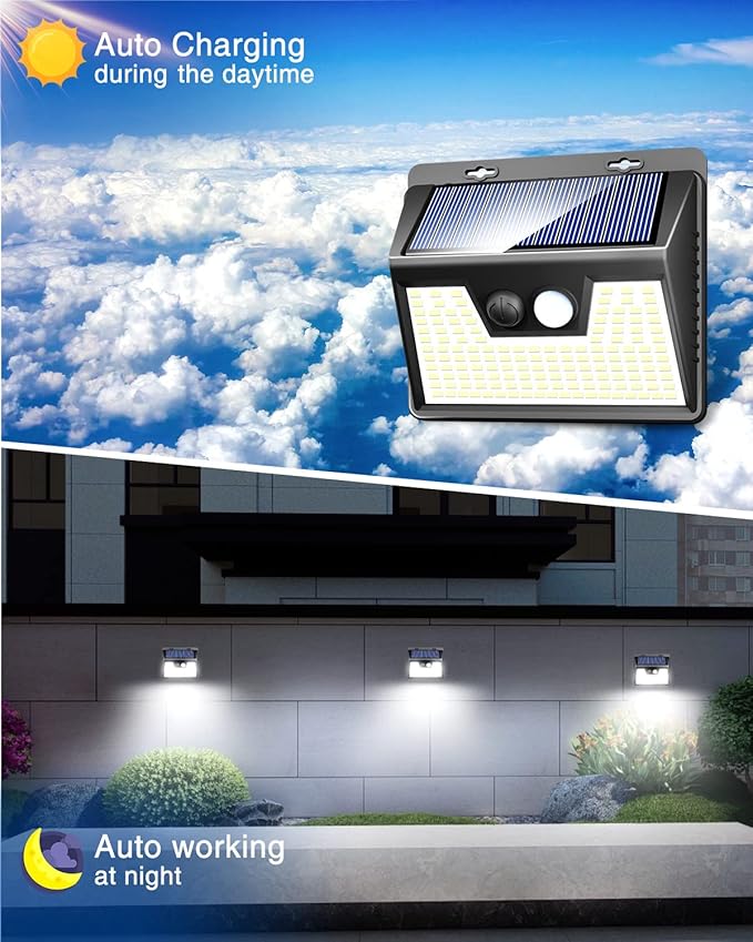 Peasur Solar Powered Lights Outdoor, 140 LED 8Pack Motion Sensor Light Outside, IP65 Waterproof Fence Security Lighting with 3 Modes for Yard Wall Garden Cool White-VerdiqueGarden