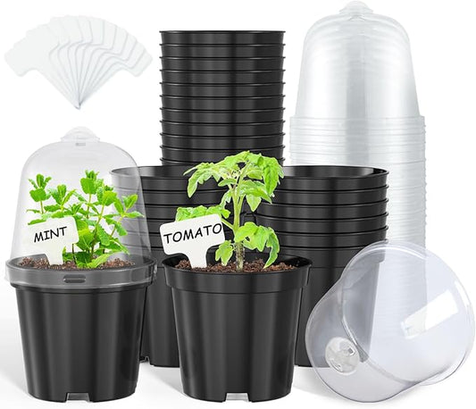 homenote Nursery Pots for Plants,4 Inch Plant Pot for Planting with Humidity Domes Plastic Seedling with Drainage Holes Seed Starter Flower with 10 Labels Black (30 Pack)-VerdiqueGarden