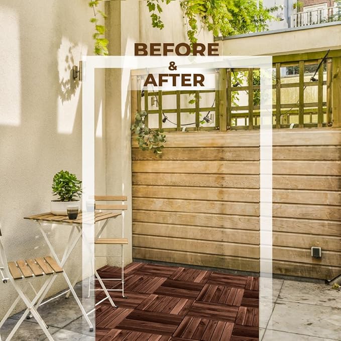 Pack of 10 Deck Tiles - 12"x12" Interlocking Natural Solid Acacia Wood for Outdoor & Indoor, Patio Garden, Balcony, Poolside - Brown Color-VerdiqueGarden