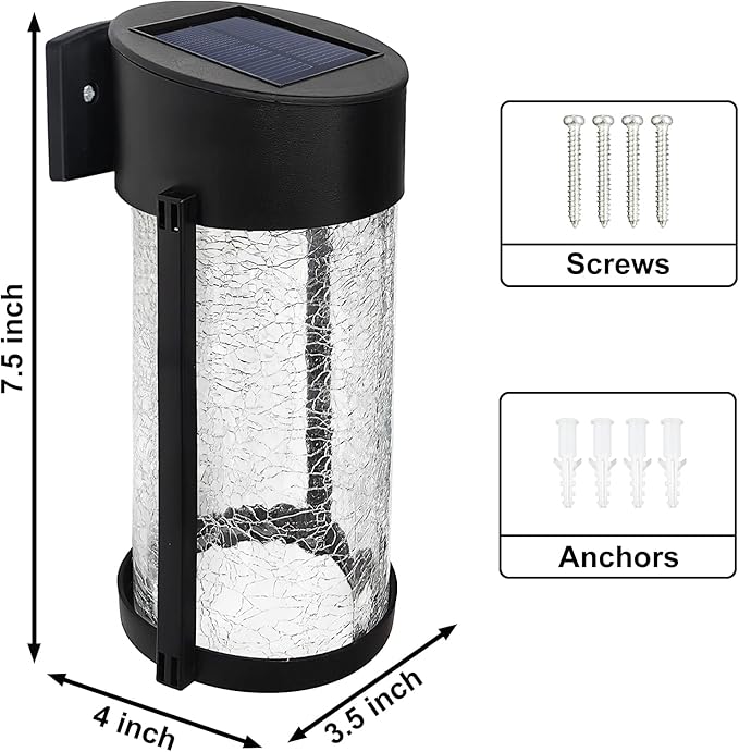 2PK Solar Outdoor Wall Lights with Crackle Glass Shade, Porch Fence Exterior Light Fixture Solar Powered Wall Scones-VerdiqueGarden