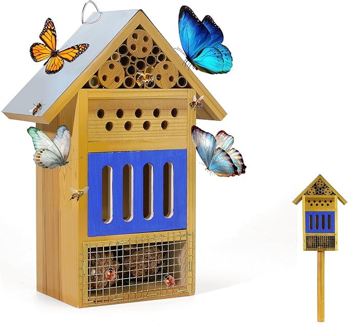 Wooden Butterfly House & Bee House for The Garden, Durable Bug Hotel W/Wooden Stake and Iron Roof, Insect Habitat On The Ground Or Hanging On The Tree, for Butterfly, Bee, Ladybug, Bug-VerdiqueGarden