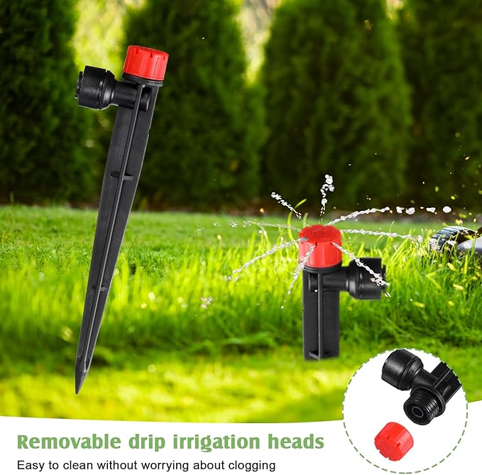 100 Pcs Drip Irrigation Emitters for 1/4'' Irrigation Tubing Adjustable Water Flow Drip Emitters with Stake Drip Irrigation System Irrigation Drippers with 360 Degree Sprayer for Garden Patio-VerdiqueGarden