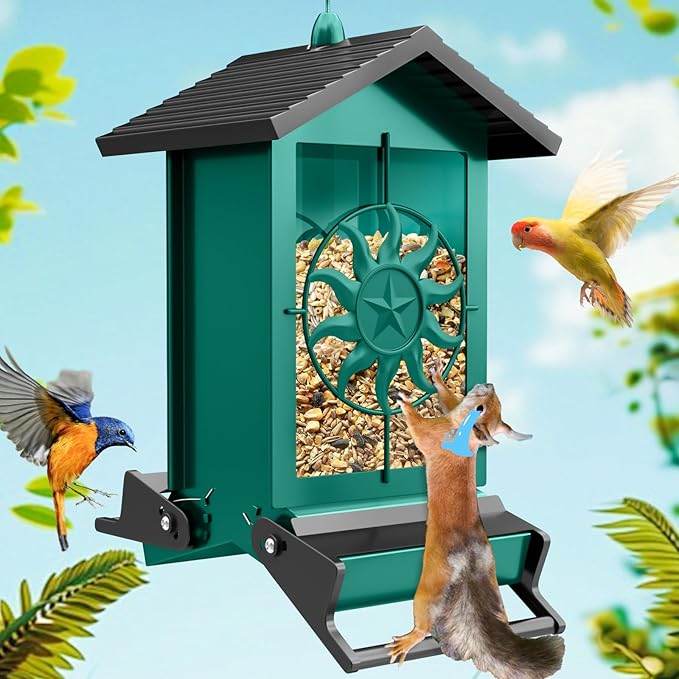 Squirrel Proof Bird Feeders for Outdoors, 5LBS Large Capacity Metal Wild Bird Feeder with Bilateral Weight-Activated Perches, Anti Squirrel Bird Feeders for Outside Finch, Cardinal, Blue Jay (Green)-VerdiqueGarden