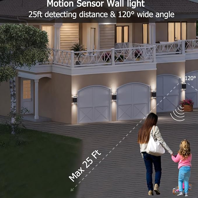 Motion Sensor Outdoor Wall Lights, Dusk to Dawn Exterior Light Fixtures with 3 Lighting Modes,Up and Down Porch Lights 5000K Daylight, Waterproof Modern Wall Sconce for House, Patio, Garage-VerdiqueGarden