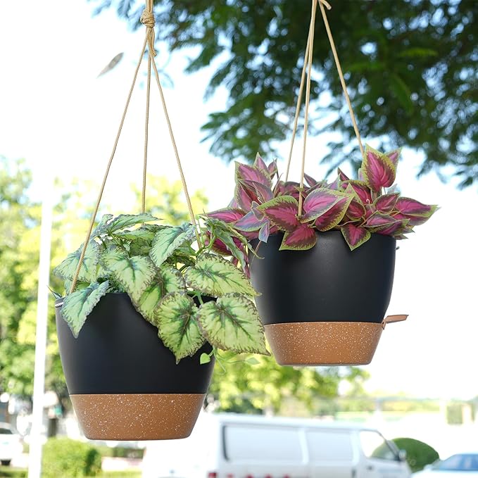 10 Inch Self Watering Hanging Pots, 2 Pack Hanging Planters with 40oZ Deep Reservior for Indoor Outdoor Plants Flowers, Black with Brown-VerdiqueGarden