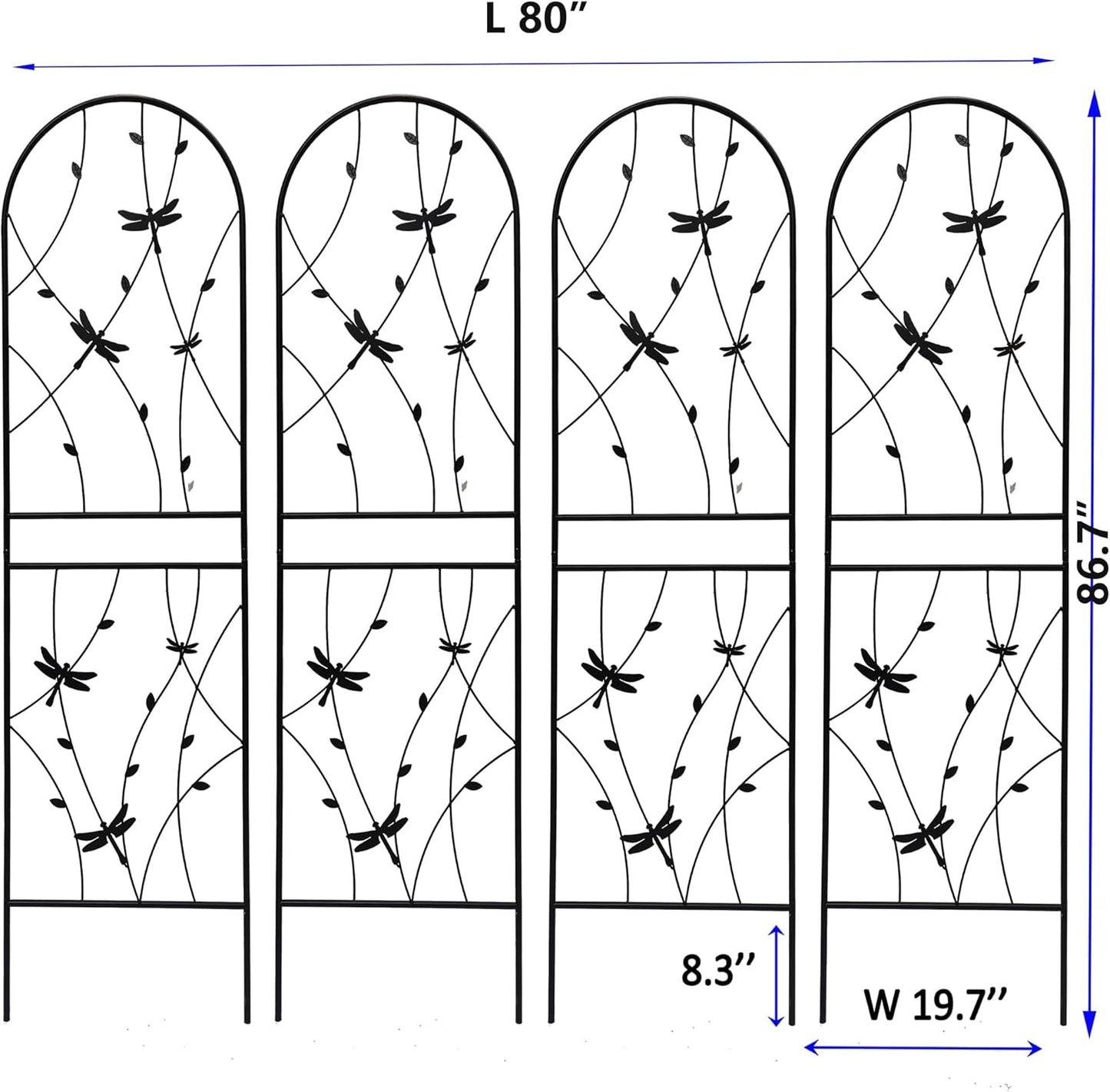 4 Pack Metal Garden Trellis 86.7" Tall Outdoor Climbing Plant Support for Roses, Flowers, Rustproof Durable Black Galvanized Tube, Lawn Garden Fence Decor Screen (4, Black dragonflies-86.7" H)-VerdiqueGarden