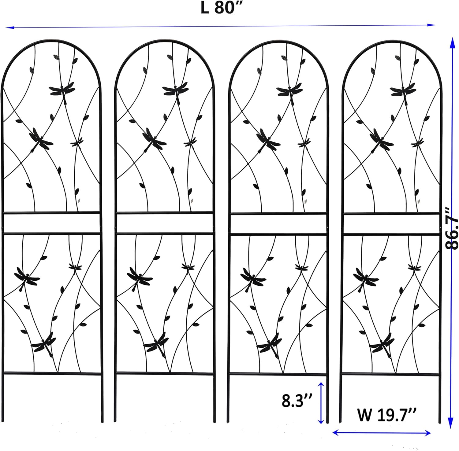 4 Pack Metal Garden Trellis 86.7" Tall Outdoor Climbing Plant Support for Roses, Flowers, Rustproof Durable Black Galvanized Tube, Lawn Garden Fence Decor Screen (4, Black dragonflies-86.7" H)-VerdiqueGarden
