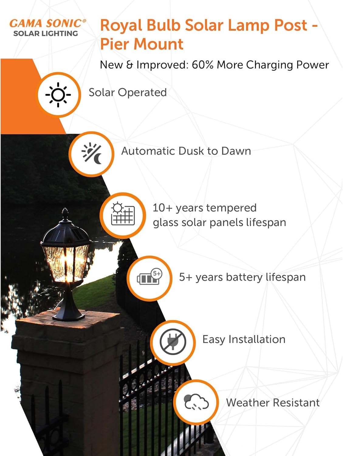 Gama Sonic Outdoor Solar Post Light with Pier Base, Brushed Bronze Finish Aluminum and Rain Glass, Royal Bulb 150 Lumens Warm White LED, Mount on Column or Flat Surface 98B111 Upgraded Panel-VerdiqueGarden