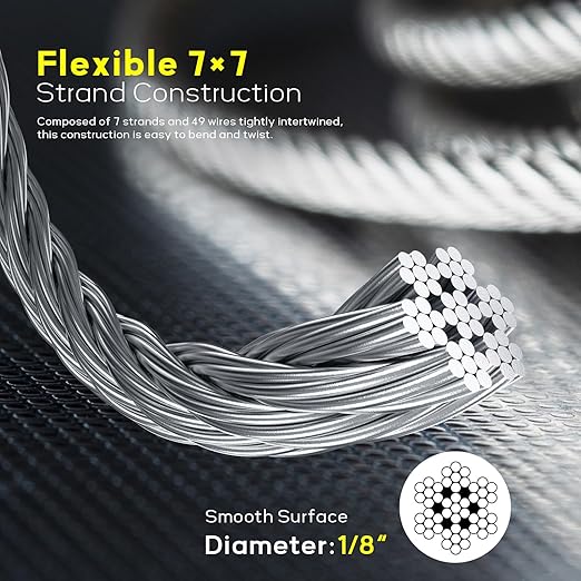 500FT 1/8" T316 Stainless Steel Cable, Wire Rope Aircraft Cable for Deck Cable Railing Kit and DIY Balustrades, 7x7 Strands Construction, Comes with a Cutter