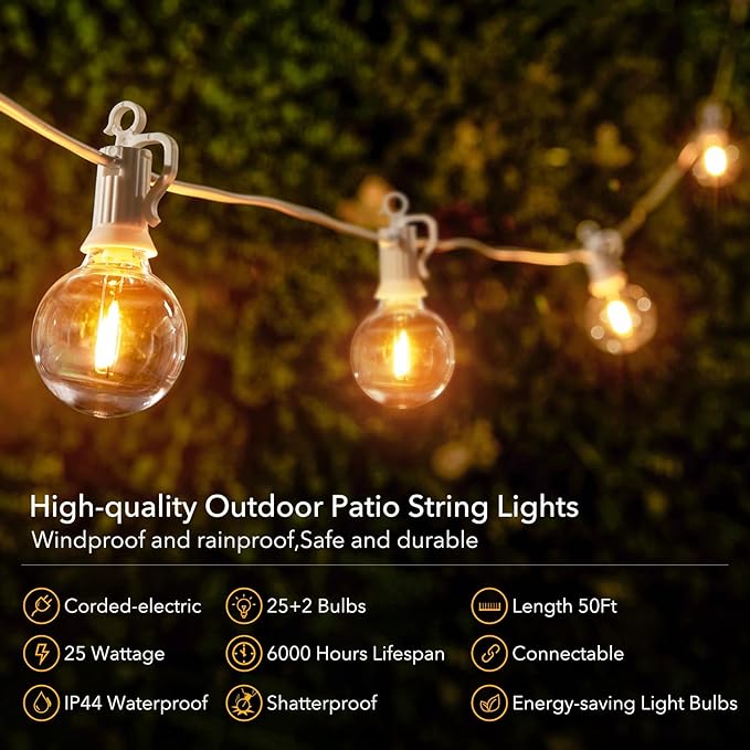 Outdoor String Lights - 50 Ft Waterproof Connectable Commercial LED Patio Lights with 25 G40 Globe Bulbs, All Weatherproof Hanging Globe Lights for Outside Backyard Porch Party Decoration-VerdiqueGarden