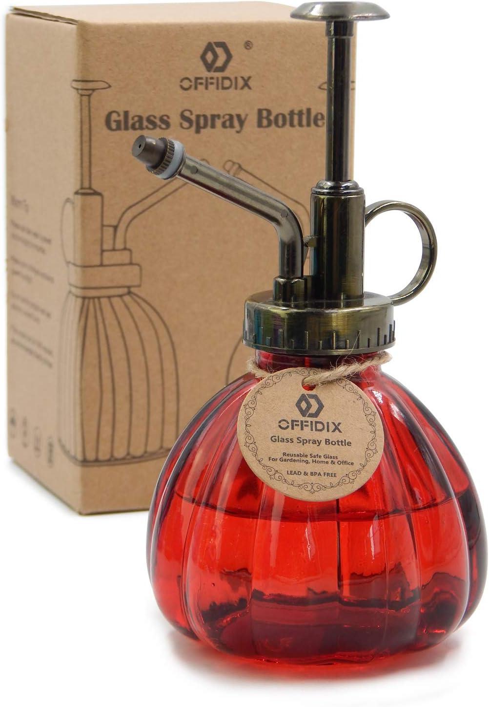 OFFIDIX Plant Glass Spray Bottle,Flower Mister Indoor Plant Watering Can Pot 6.3" Tall Vintage Pumpkin Style with Bronze Plastic Top Pump One Hand Small Watering Cans for House Plants(Red)-VerdiqueGarden