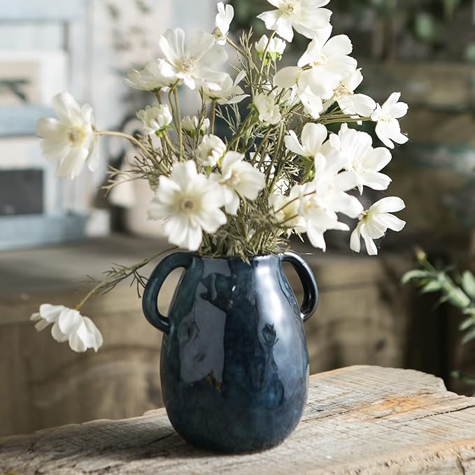 Blue Ceramic Vase with 2 Handles, Modern Farmhouse Decor, Rustic Terracotta Pottery, Decorative Flower Vases, Clay Small Vase, Centerpiece for Dining Table - 7 Inch Tall-VerdiqueGarden