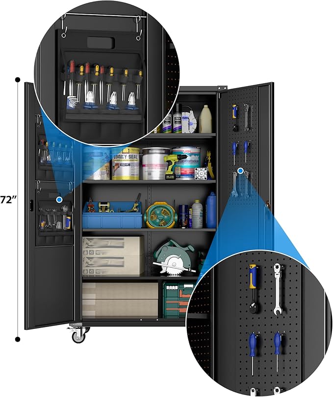 Upgraded Wide & Deep Extra Large Metal Storage Cabinet on Wheels,Lockable Garage Cabinets with 3 Pegboards,2 Tool Pouches for Garage,Office,Assembly Required,Black,43.3''W x 21.6''D x 72''H-VerdiqueGarden