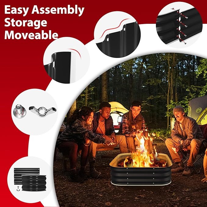 Fire Pit 48 Inch, Square Galvanized Steel Fire Pit for Outside, Heavy Duty Steel Fire Pit In-Ground for Backyard, Camping, Bonfire, Flower Raised Garden Bed for Garden, 11 Inch High-VerdiqueGarden