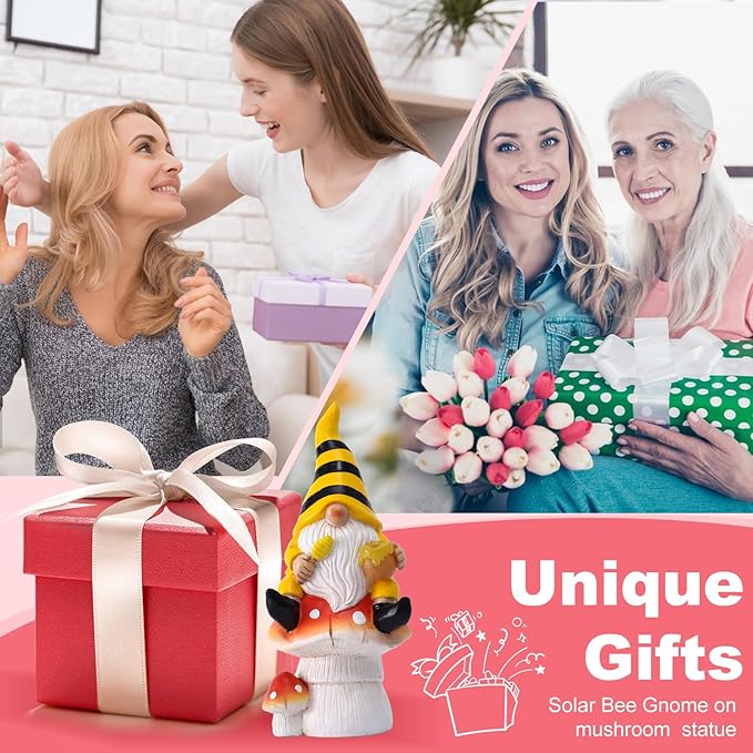 Solar Gnome Decor for Outside - Garden Beer Gnome Outdoor with Solar Lights, Sitting on Mushrooms - Perfect Housewarming or Women's Gifts (Yellow)-VerdiqueGarden