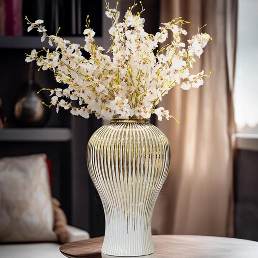 Ginger Jar, White Gold Ceramic Vase Large Handmade Porcelain Vases with Lid, White Gold Decorative Flower Vase for Home, Living Room, Weddings, Centerpieces (B-Large)-VerdiqueGarden